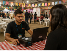 Voluntário operando o caixa central do NFPainel em quermesse de igreja com celular Android