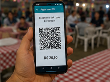 QR Code PIX sendo exibido na tela do celular para pagamento na quermesse
