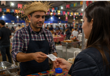 Barraca da quermesse recebendo ticket e entregando pastel ao cliente
