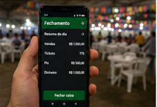 Tela do NFPainel mostrando fechamento de caixa e relatório de arrecadação da quermesse